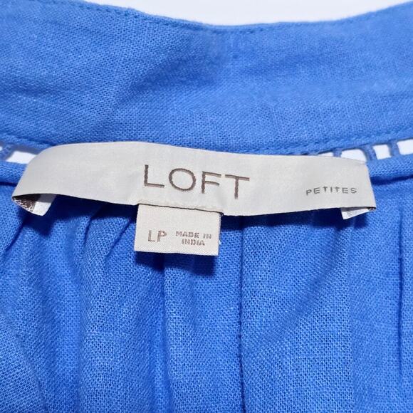 LOFT Women's Boho Linen Blend Top Sz L Blue V-Neck Cutout Lightweight 3/4 Sleeve - Picture 8 of 9